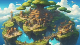 anime zelda artwork style, Highly detailed, 1 gorgeous flying island, Yggdrasil, medieval fantasy city