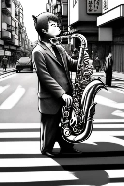 One single mature cat playing saxophone on the street, Osaka, thoughtful, mourning, model style, hyper realistic, extremely accurate, delicate, extremely detailed, Graphic novel style, wide-angle, open aperture, superfine pencil