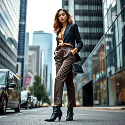 Image Idea: A modern fashion model showcasing stylish clothing in a contemporary city setting Image Description: A young, attractive female fashion model stands confidently on a bustling city street lined with sleek skyscrapers and modern glass buildings. She wears a chic, trendy outfit consisting of a tailored blazer over a flowing silk blouse, high-waisted trousers, and elegant ankle boots, accessorized with minimalist jewelry and a designer handbag. Her hair is styled in soft waves, and her