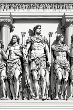 Architecture of ancient Rome of the II century AD Statues of ancient Roman gods contour reconstruction. The drawing is linear, in the style of vector graphics, black and white. High image quality in 8K