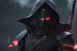 Itachi Uchiha in 8k nier automata artstyle, Uchiha ninja Custom, neon effect, close picture, rain, dark souls world, intricate details, highly detailed, high details, detailed portrait, masterpiece,ultra detailed, ultra quality