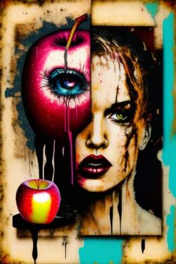 A surreal grunge messy and scratched painting style, eve is holding a rotten apple - not amused, Adam in background,ironic, surreal, abstract and striking