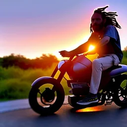 ein mann mit kurzen dreadlocks fährt pocketbike im sonnenuntergang