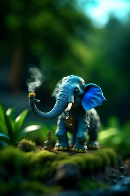 cute fluffy camo toy elephant jewelry in the room smoking a cigar in the style of pixar, on a strange planet with weird colors and waterfalls, bokeh like f/0.8, tilt-shift lens 8k, high detail, smooth render, down-light, unreal engine, prize winning