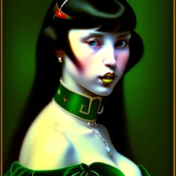 oil Portrait of Vampirella busty beautiful green sad eyes nose piercing emerald collar by Jean Auguste Dominique Ingres 8k