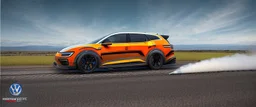 A national geographic award winning photograph of a military fighter jet station wagon wasp hybrid designed by volkswagen only one vehicle per image painted metallic orange traveling at a high rate of speed, jet intake off of front center of vehicle and jet exhaust out the rear with bright blue flame