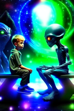 alien and a boy sitting on a bench. alien is howing boy with his alien hand the universe that boy never saw with his human eyes. there are geometric stuff all around and some planet stuff. boy and alien are friends. realistic style, like photography.