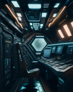 Futuristic scifi black interior of office shuttle with computers made with engine parts dysoptia cyberage HAWKEN postapocalyptic dysoptia scene photorealistic uhd 8k VRAY highly detailed HDR