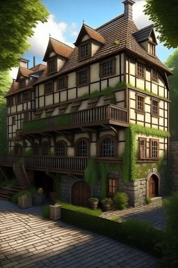 large medieval gothic inn, with a balcony, next to a sloping, cobbled road, surrounded by trees with dense foliage, photo-realistic