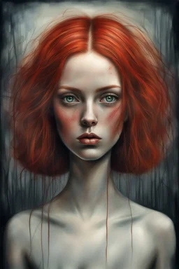 Sue Scimeca no I its direct from Midjourney. IT is a mix of Several artists. This is the prompt: An image of a red-haired beautiful girl in the style of Mike Worrall, Stefan Gesell, Anton Semenov, Arthur Boyd, Gerald Scarfe, Wlad Safronow, Yves Tanguy and Christine Ellger. Style airbrush art with very soft muted colours and a hazy atmosphere. Bold oil paintings with thick brushstrokes and spots --ar 16:9