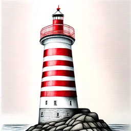 A metallic colored pencil drawing of the red and white striped lighthouse Sletringen Lighthouse in Norway