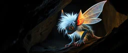 pen outline with some neon airbrush, illuminated transparent glowing pixie gremlin in the shadows with long fluffy white fur looking at awesome glowing cave painting, pin hole camera, in the style of Rembrandt
