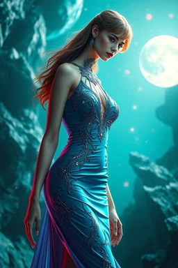 A hyper-realistic 3D Surreal digital painting, High fashion model futuristic dress in the future world , rich deep teal background, dreamlike imagery, fantastical elements, perfect body ,dymond ,