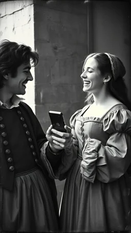 An old picture style of black and white mono very bad quality looks very old camera picture of Romeo and Juliet looking at iPhone of Juliet and both are laughing both dress year 1700