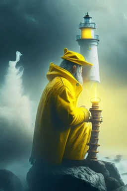 close up on old seafarer smoking pipe, sitting in yellow raincoat on rocks beneath a blurred unreal bright white lighthouse, storm clouds, volumetric fog, lightening, volumetric light,depth of field, fantasy art, 4k, highly detailed, evening