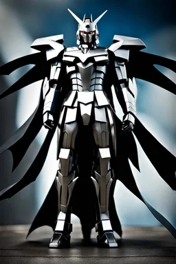 Gundam inspired by Batman. Flowing cape. Action pose. Stainless steel. 1080p. Photograph.