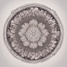 logo in a style of Mandala. Round. The logo depicts a mystical botanical motive. Thin lines. Ornament.