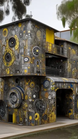 A gray mechanical factory made out of steel designed in Australian aboriginal art painted by Gustav Klimt