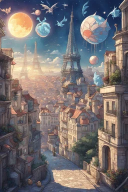 Pokemon city, Paris Lisbon mashup, portuguese tiles, cyberpunk, fantasy, celestial