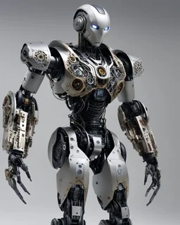 Create an image of a highly detailed and realistic humanoid robot with intricate designs, featuring mechanical components such as gears, wires, and metal plates that reflect a high level of realism and complexity. The robot should have a design that suggests advanced technology, possibly with elements that mimic human anatomy but in a mechanical form.