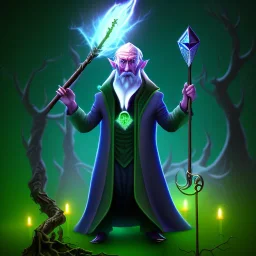 old evil Wizard standing in a dark magical forest at night, holding a staff with a gem in, Devil, Evil