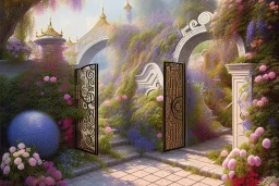 intricate ornate gate, garden, path, flowers, fine detail, high quality, oil painting, mystical,