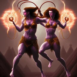 Two women skipping with a rope, demons and angry gods fight in the background, in the style of a Michael Moorcock book cover.