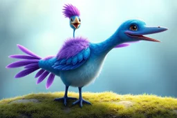 adorable blue and purple bird, elongated like a dino and fluffy like in an animation