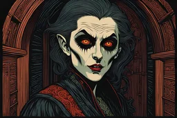 museum quality color woodcut of a sewer dwelling Nosferatu vagabond female vampire with highly detailed hair and facial features , in the style of Gustave Baumann, with a fine art , graphic novel aesthetic, highly detailed, finely cut ,8k render,