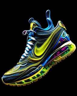 A stunning interpretation of nike sexy sports shoe sneakers, made of chrom, advertsiement, solarpunk, highly detailed and intricate, golden ratio, very colorful, hypermaximalist, ornate, luxury, dripping with melting black