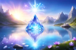 a magic crystal of light and bright over a magic landscape with fairy nature and crystal lake
