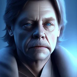 upper body photorealistic jedi mark hamill in Star Wars, sharp blue eyes, photorealistic weathered skin, short hair, dark brown jedi robe, cinematic lighting,