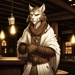 A distressed male khajiit from Skyrim dressed in rags with brown spotted fur in a medieval fantasy tavern cartoon