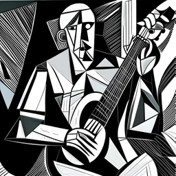 picasso man with guitar cubisme only lines black and white