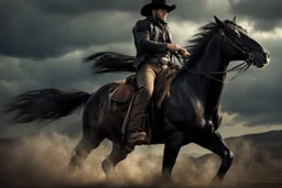 Young rough and rugged muscular cowboy riding a black horse photorealistic