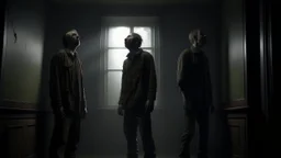 4 men zombies in adark room look at the sky