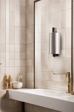 A stunning poster showcasing a wall-mounted automatic soap dispenser in a luxurious bath setting. The soap dispenser is sleek and modern, exuding a sense of elegance and convenience. The dispenser is mounted on a beautifully tiled wall, adding to the luxurious ambiance of the scene. A hand, perfectly manicured, can be seen under the dispenser, capturing the moment as it pours a stream of liquid soap into the palm. The hand is gracefully positioned, emphasizing the fluidity and smoothness of the