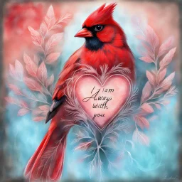 a vibrant digital chalk sketch painting featuring a double exposure image of a beautiful majestic red cardinal, ultra-detailed, within the body of the cardinal is a heart with the words "I AM ALWAYS WITH YOU" in a beautiful script