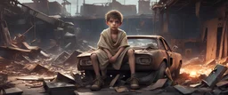 Realistic Art style, a young boy dressed in a toga sits on a dilapidated car wheel within a post-apocalyptic junkyard. Amidst the rusty wreckage and debris, a kindly ghoul with glowing eyes approaches him, emanating a warm hypnotic light. The boy's expression changes from wary and alert to serene and fatigued as he succumbs to the soothing influence of the ghoul's eyes.