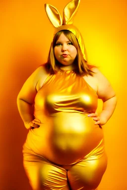 fat girl in a gold bunny costume