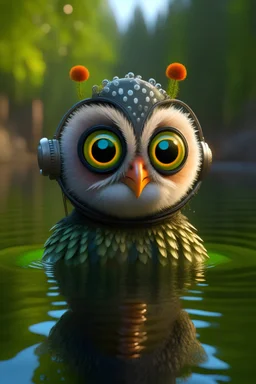 cute owl female head with monocle, adorable cute chat priest robot with short punk hair and real human reflective eyes, fluffy floating in pond in garden of st. Barbara cathedral, its such a perfect day, motion blur, smoke, 8k, downlight, soft light, depth of field, photorealism, trending on art station, lotsa detail