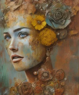  an abstract painting of rusted metal and flowers, african portrait, rust, scaffolding, iron cladding, decay, mixed media, textured, anatomically correct, beautiful perfect face, sharp focus, highly detailed, injured face