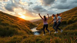 a group of young ladies in sports pants and blouse are dancing in high grassy hills,a small fall and river and wild flowers at river sides,cloudy sun set sky