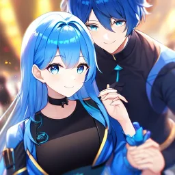 Clear focus,High resolution, Vibrant short blue hair, Vibrant blue eyes, Wearing a black short skirt,black crop top sleevelss,blue cut sleeves,black fingerless gloves, Smiling,Long bangs, Smiling, Holding your hand, first person view