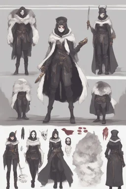 A dnd character sheet. A woman dressed for the cold north dressed in dark furs, with black hair. Death cleric wearing a mask, female woman girl