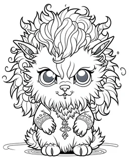 coloring page, big Gothic chibi werewolf with wild, fluffy hair, Manga style, thick lines, low detail, no shading, --ar 9:11 --v 5