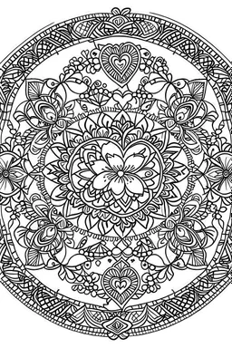 kids coloring page, mandala of flowers and hearts, cartoon style, thick lines, low detail, no shading