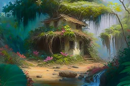 beautiful big flower tropical tree, little straw house dirty old abandoned, stream, bushes, grass and vine, small cliff, dwarf rocks, bright contrast, realistic painting, concept art, tropical forest background, hyperdetailed painting, by konstantin razumov