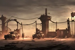 Cinematic realistic: in a post apocalyptic future: exterior view of the closed city gate at night. gate is closed. guards. MAD Max style vehicle assembled from scrap and other parts. container. barbed wire. stacked car tires. watchtowers. improvised clothing from scrap and garbage, metal parts, scrap, fire. in dystopian post-apocalyptic environment, extremely lifelike photorealism, very detailed and elaborate, gloomy mood, rain. rust, everything is dirty and patched. cinematic, dystopian.