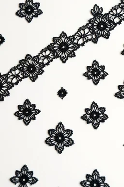 create a realistic image of tilabe black french chantilly pizzo laces pattern on a white matt surface, flatlay, made for seamless material, very detailed